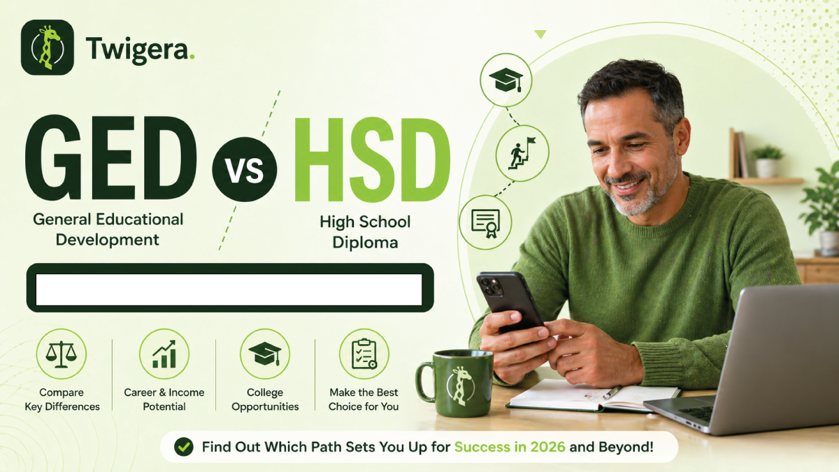 Twigera hero graphic comparing GED vs HSD (High School Diploma). Icons highlight key differences, career and income potential, college opportunities, and choosing the best path — over a photo of a smiling man on his phone with laptop and books nearby.