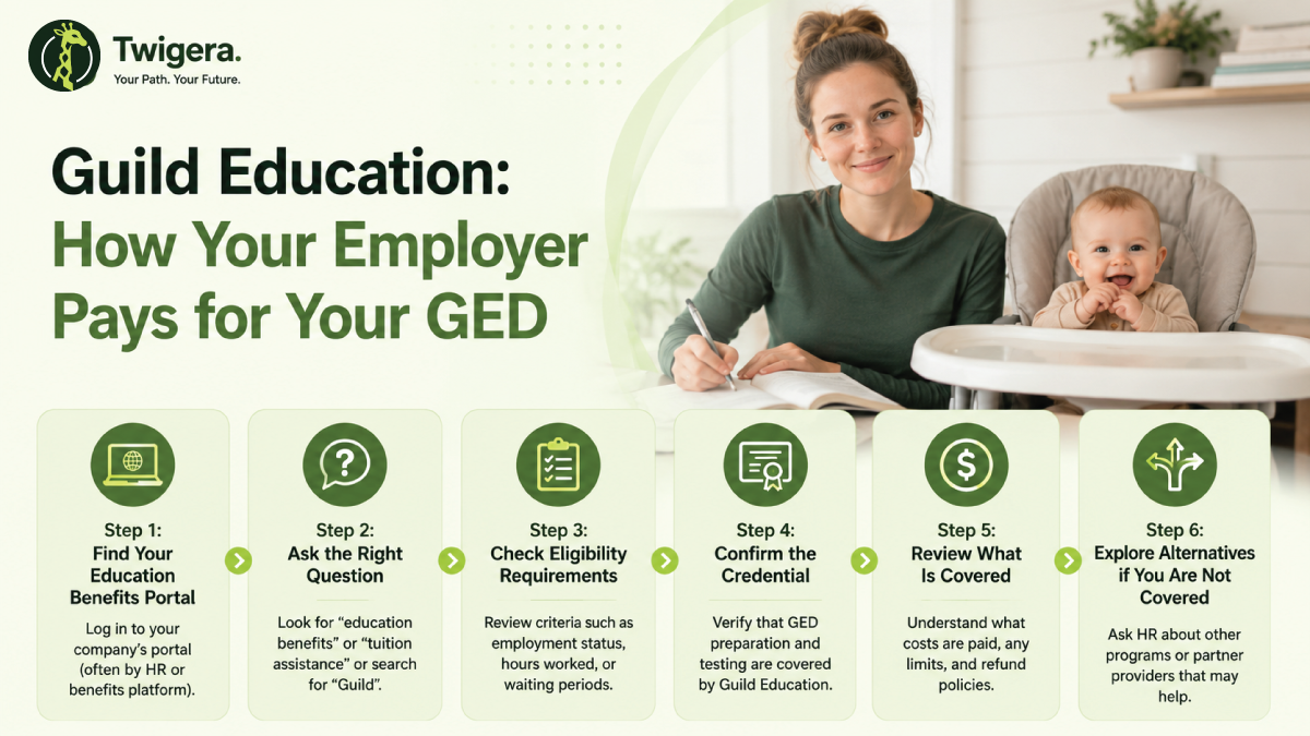 Guild Education and the GED — Twigera explainer on the Penn Foster diploma path versus the GEDWorks GED path through employer benefits.
