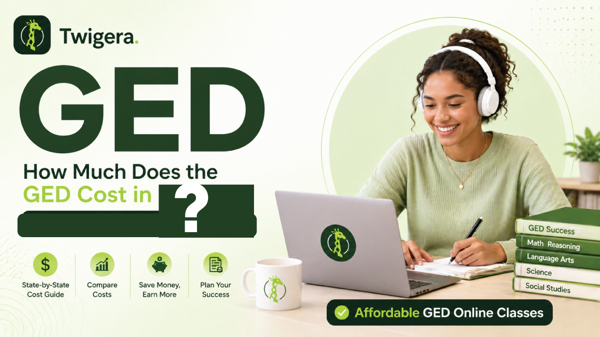 Twigera hero graphic "How Much Does the GED Cost?" comparing per-state pricing tiers — free, subsidized, standard, and premium — over a photo of an adult learner reviewing study materials at a desk.