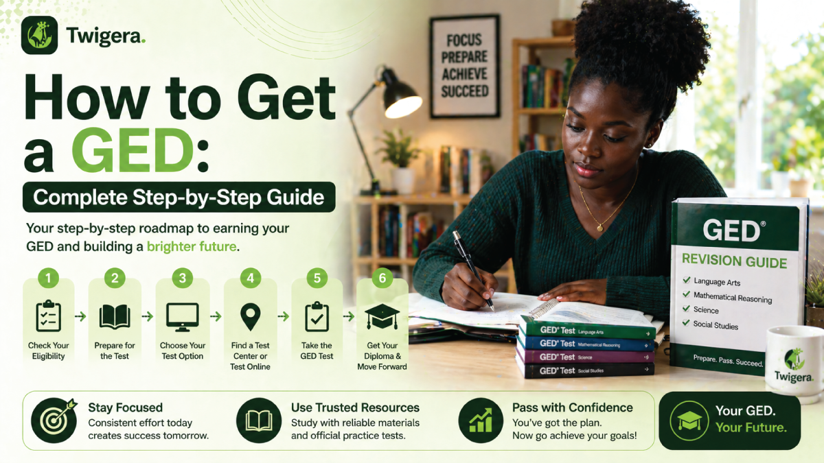 Twigera hero graphic "How to Get Your GED in 6 Steps" with numbered icons for eligibility, subjects, prep, account, testing, and credential — over a photo of a learner reviewing materials at a desk.