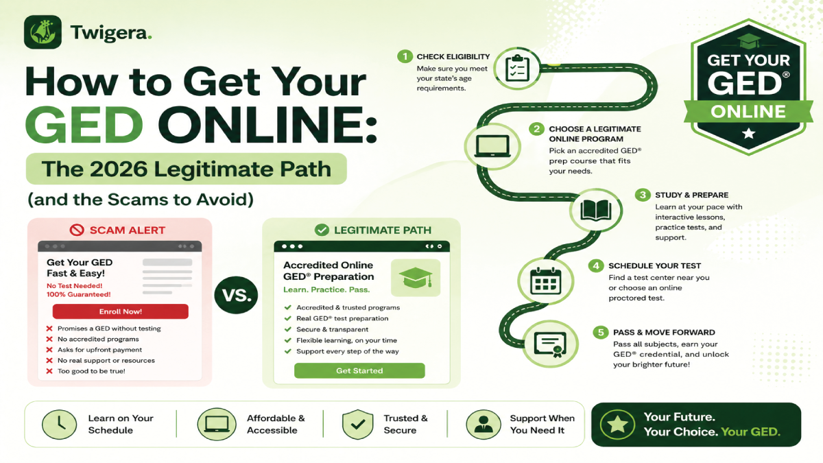 Twigera hero graphic "How to Get Your GED Online: The Legitimate Path" contrasting the official OnVUE / ged.com process with diploma-mill scam markers, over a photo of a learner setting up a webcam at a quiet desk.