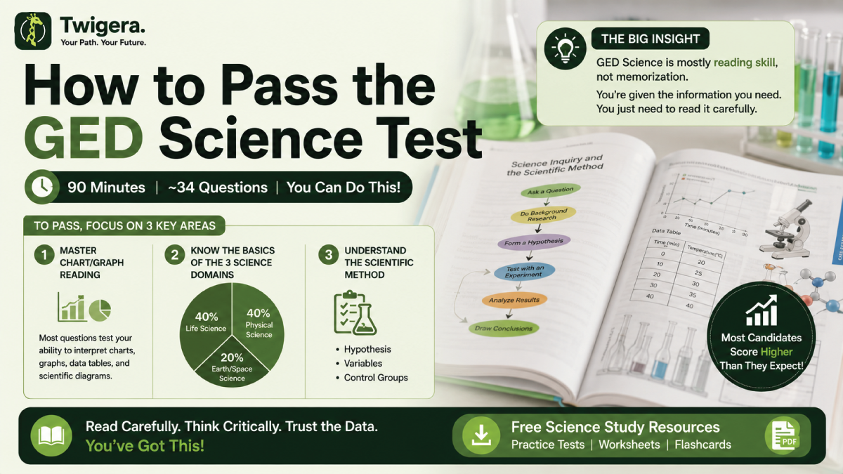 How to Pass the GED Science Test in 2026 — Twigera infographic showing chart-reading strategy and 90-minute time plan for the science section.