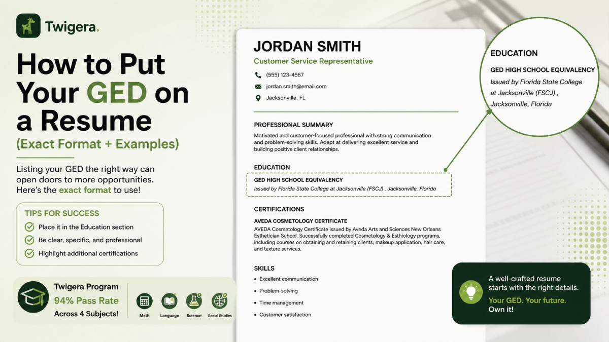 Twigera hero graphic asking 'How to Put Your GED on a Resume?' showing a clean Education section example with the GED Certificate listing, College Ready score tier callout, and icons highlighting correct format vs common mistakes.