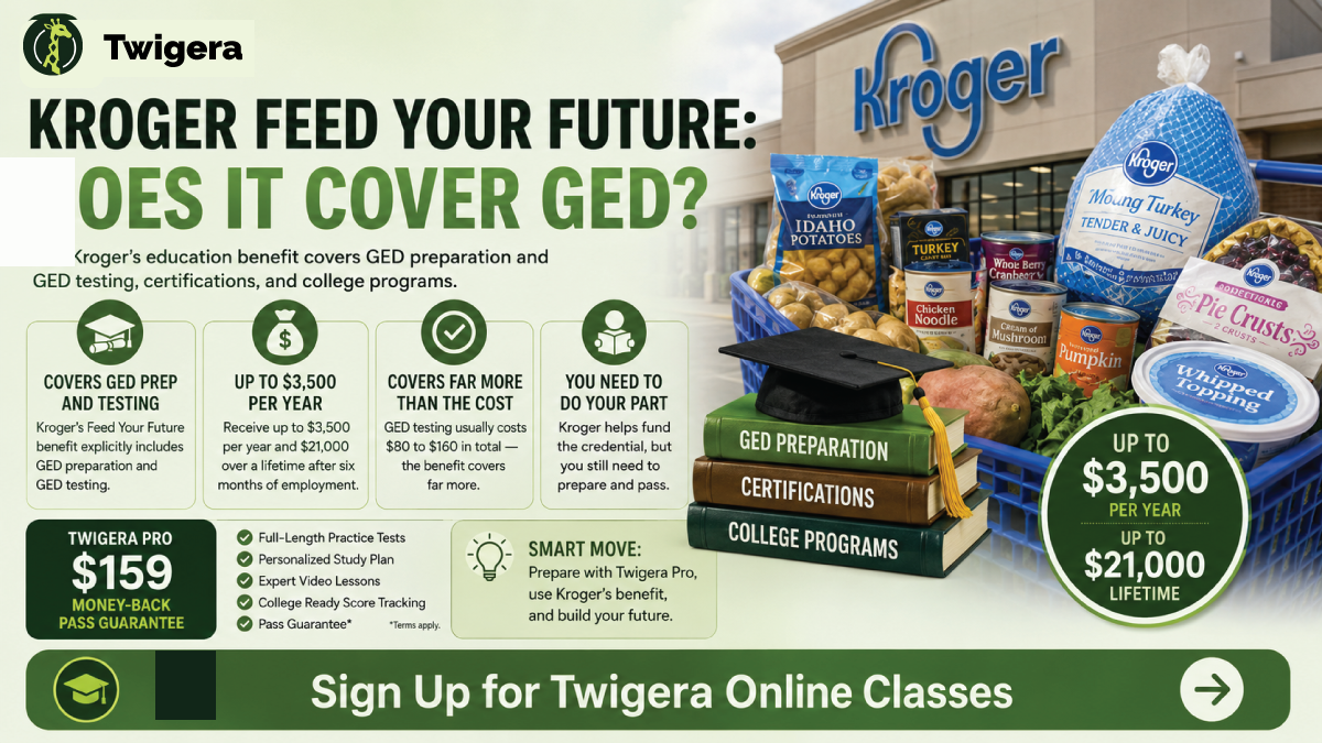 Kroger Feed Your Future and the GED — Twigera infographic on $3,500/year and $21,000 lifetime coverage, full- and part-time eligibility, and the six-month rule.