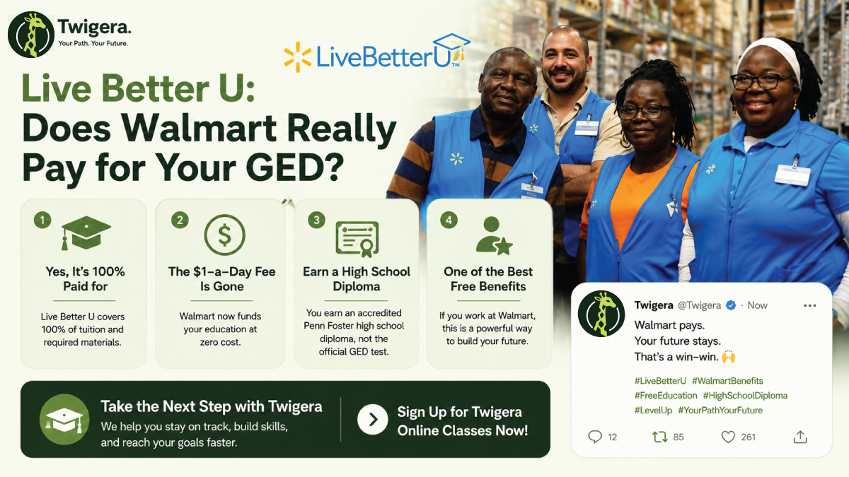 Live Better U and the GED — Twigera explainer on Walmart's free Penn Foster high school diploma path versus the standalone GED test.