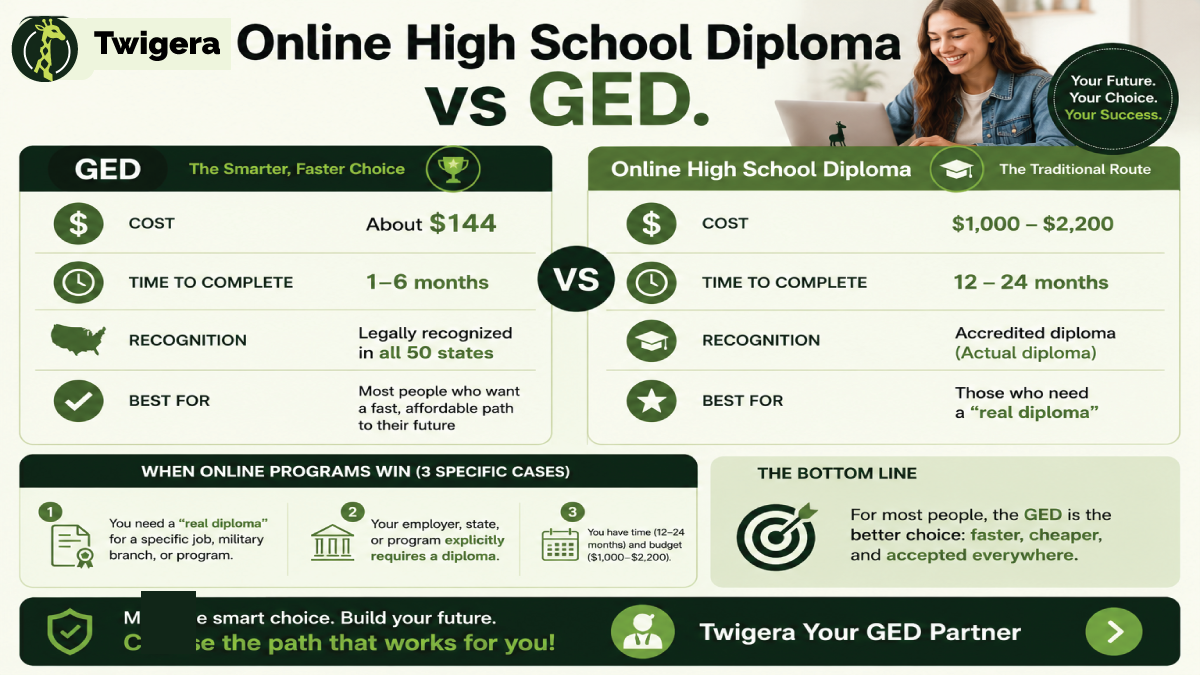 Online High School Diploma vs GED 2026 — Twigera infographic comparing cost, time, acceptance, and the legitimate free online diploma path.