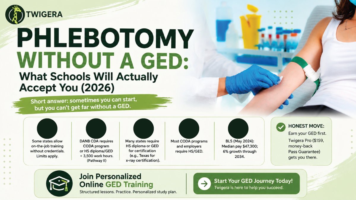 Phlebotomy without a GED 2026 — Twigera guide showing the two gatekeepers between training and a phlebotomy paycheck: national certification and, in California, the CPT1 state license.