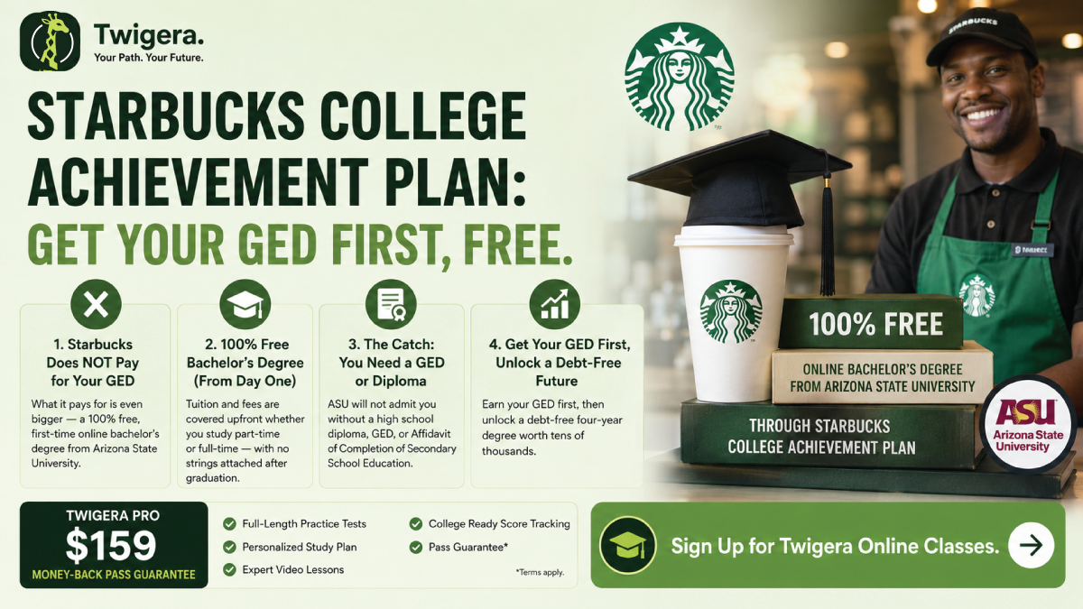 Starbucks College Achievement Plan and the GED — Twigera explainer on how a GED unlocks a free ASU Online bachelor's degree for Starbucks partners.