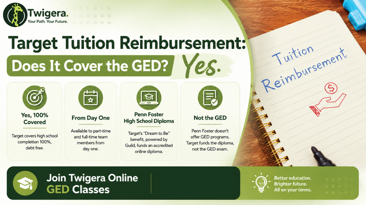 Target tuition reimbursement and the GED — Twigera explainer on Target's free Dream to Be Penn Foster diploma path versus the GED exam.