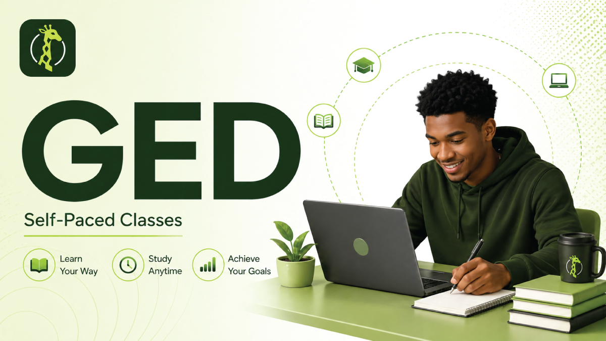Twigera hero graphic "What Is a GED? Meaning, Subjects, and What the Credential Looks Like" with icons for the four subjects, the state-issued credential, and the diploma equivalence — over a photo of an adult learner studying with a laptop.