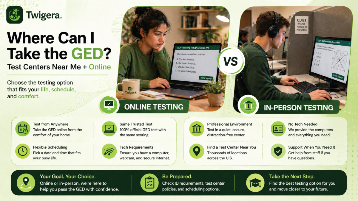 Twigera hero graphic "Where Can I Take the GED?" comparing the in-person Pearson VUE test-center option with the online OnVUE option, over a photo of an adult learner reviewing materials at a desk.
