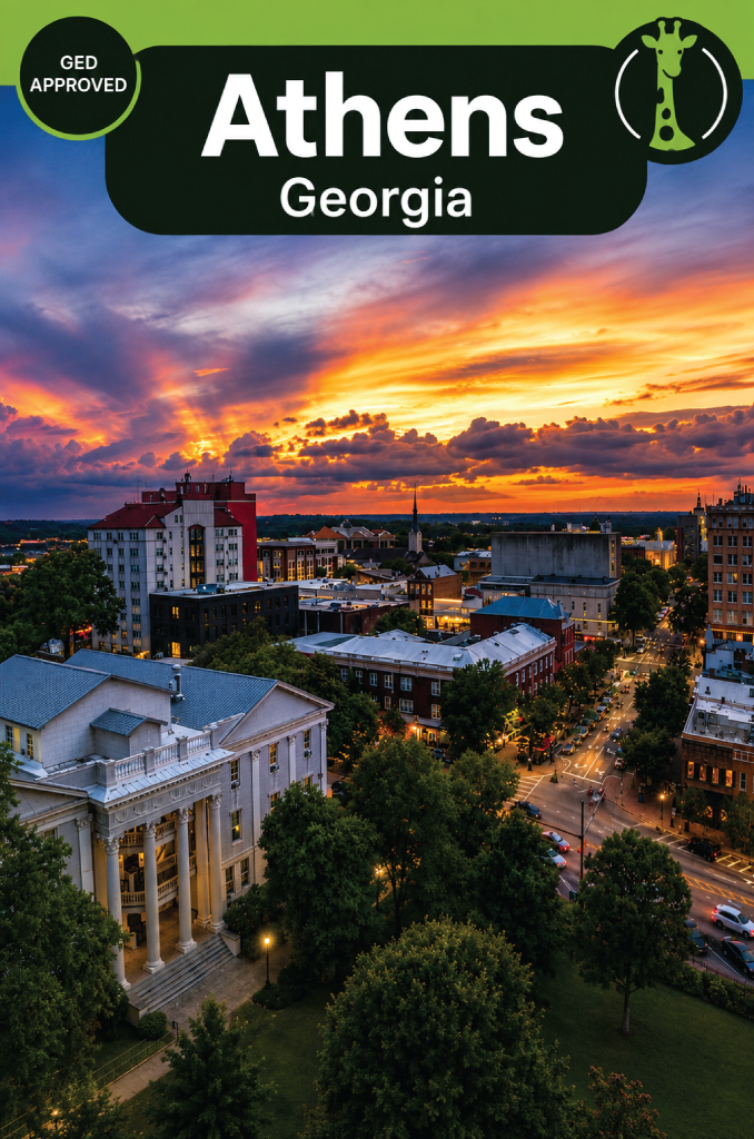 The University of Georgia arch and downtown Athens, Georgia on a clear day.