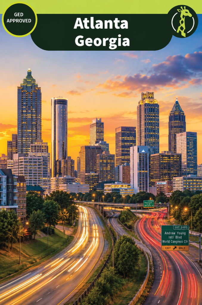 The Atlanta, Georgia skyline at sunset behind light trails on the Downtown Connector, with the gold-crowned Bank of America Plaza rising at the centre.
