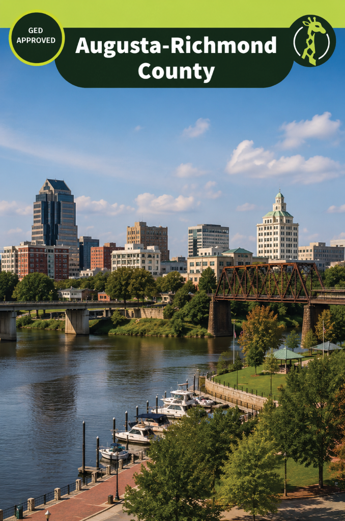 The Savannah River and the Augusta, Georgia riverfront seen from the Riverwalk on a clear day.