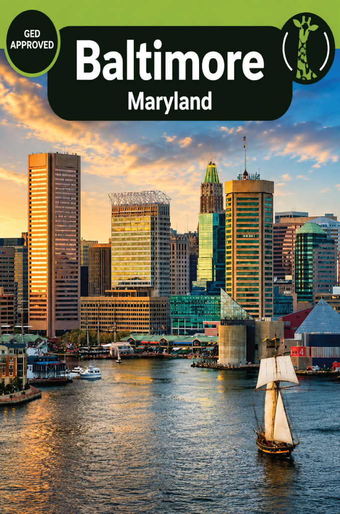 The Inner Harbor waterfront and downtown Baltimore, Maryland skyline on a clear day.