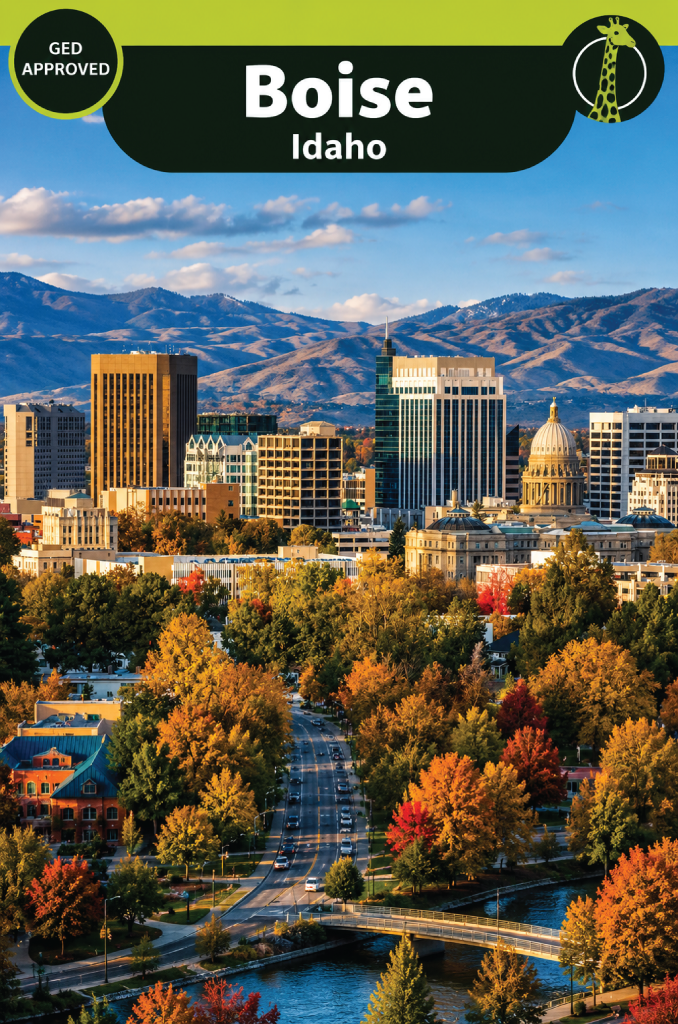 Downtown Boise, Idaho in autumn: mid-rise office towers and the gold-domed Idaho State Capitol below the Boise Foothills, with a tree-lined street running down to a river bridge.