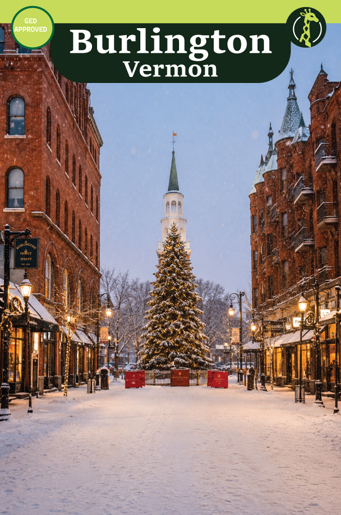 The Church Street Marketplace in downtown Burlington, Vermont, with Lake Champlain and the Adirondacks beyond.