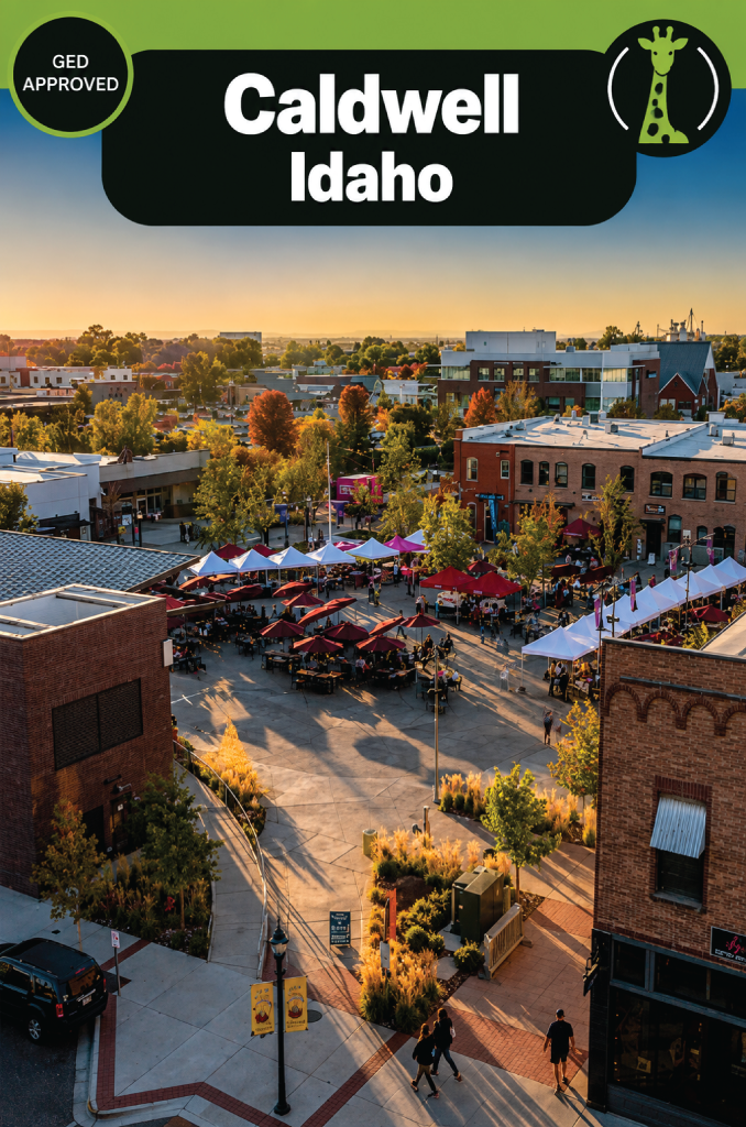 An aerial view of downtown Caldwell, Idaho: a brick main street lined with red market canopies and shade trees, with people walking between the stalls on a bright autumn day.