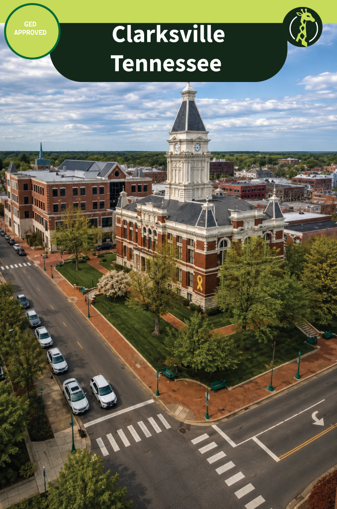 The Montgomery County Courthouse in downtown Clarksville, Tennessee, a red-brick building with a white clock tower, seen from above on a spring day with brick-paved streets around it.