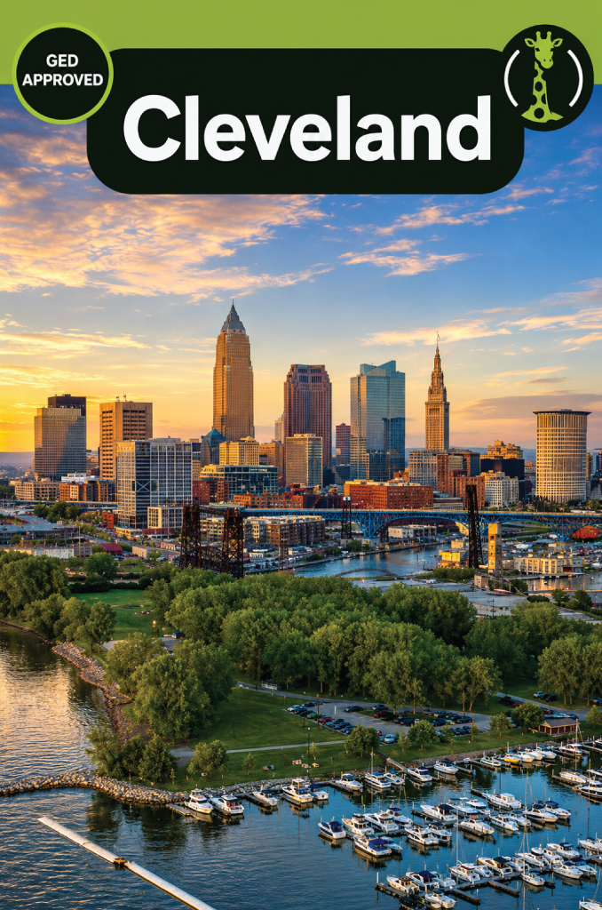 The downtown Cleveland skyline seen across Lake Erie on a clear day.