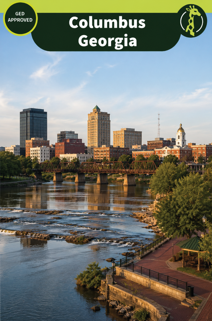 The Chattahoochee Riverwalk and downtown Columbus, Georgia on a clear day.