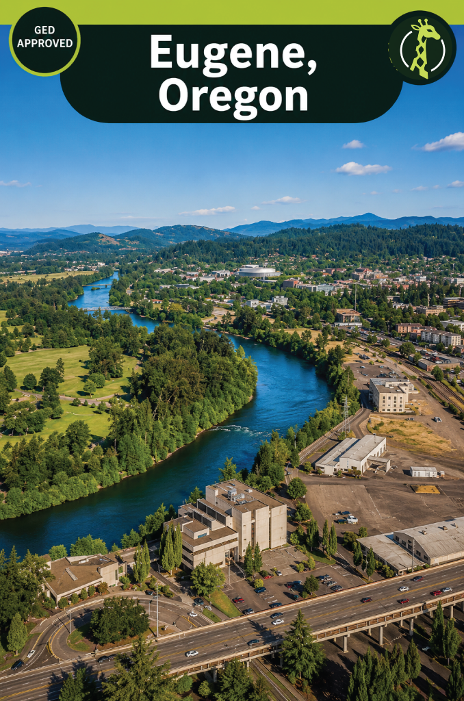 An aerial view over Eugene, Oregon: a wide blue river curving between green parkland and low city blocks, with forested hills and mountains on the horizon.