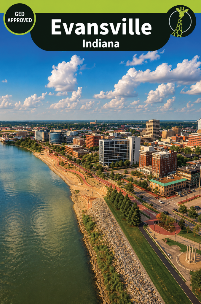 The Evansville, Indiana riverfront from above, with the Ohio River along a curving stone bank, a landscaped promenade and the downtown office blocks behind.