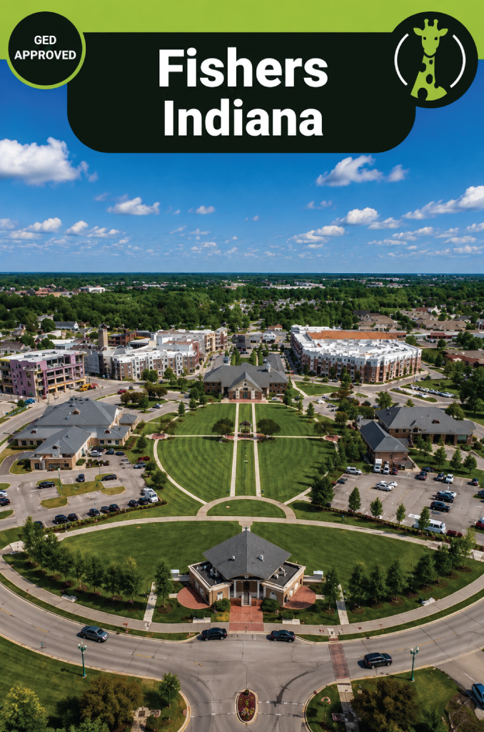 An aerial view of Fishers, Indiana: a circular town green with a central pavilion and ring road, surrounded by low modern apartment and civic buildings among summer trees.
