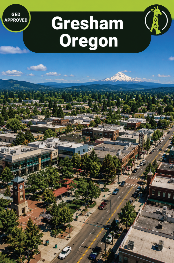 An aerial view over Gresham, Oregon: low downtown blocks and new apartment buildings among green trees, with the snow-capped peak of Mount Hood rising beyond the forested ridges.