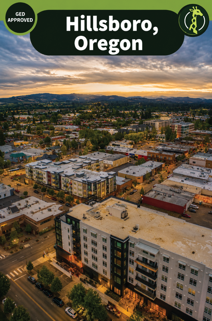 An aerial view over downtown Hillsboro, Oregon at dusk: low brick storefronts and new apartment blocks along lit streets, with the Tualatin Valley hills catching the last of the sunset.