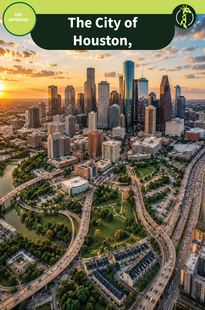 An aerial view of downtown Houston, Texas at sunset, with the skyline behind the interchanges and green space of Buffalo Bayou Park.