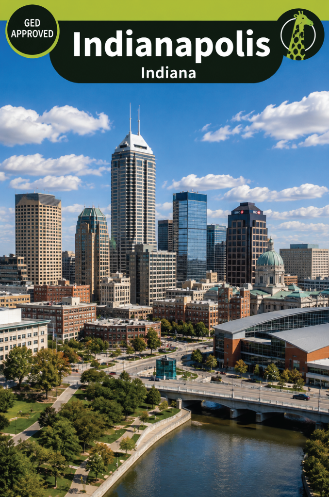 The downtown Indianapolis skyline rising above the White River and its riverside parkland on a clear day.