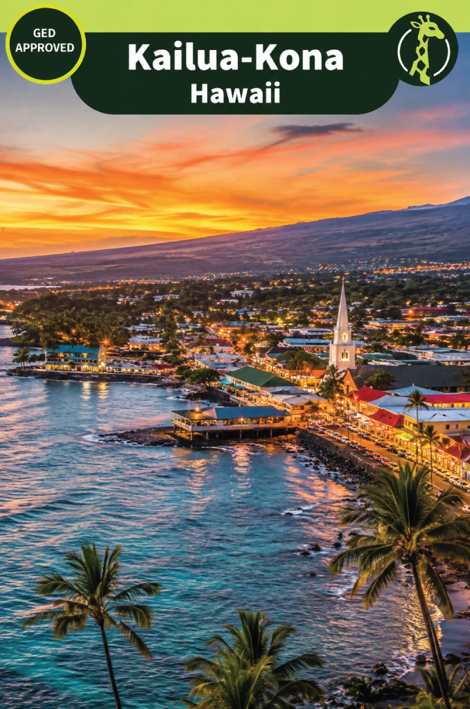 The Kailua-Kona, Hawaii waterfront at sunset, with a white church steeple among the lit shopfronts along the shoreline and the long slope of a volcano behind the town.
