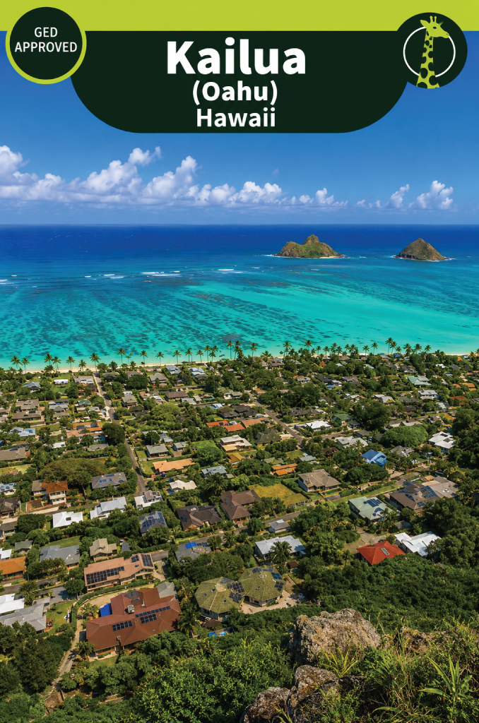 Lanikai Beach in Kailua on Oahu, Hawaii seen from above, with two small islands offshore in turquoise water and a green residential neighborhood along the shore.