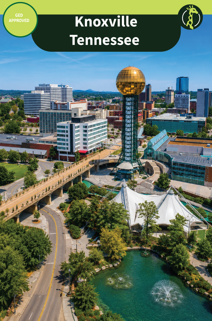 Knoxville, Tennessee's World's Fair Park from the air, with the gold-globed Sunsphere tower above the downtown skyline and a white tented pavilion beside a fountain pond.
