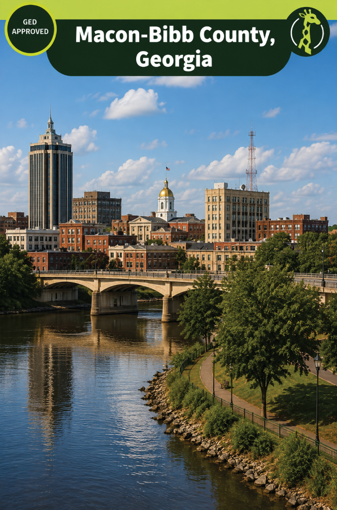 The downtown Macon, Georgia skyline with a gold dome and a bridge over the Ocmulgee River.