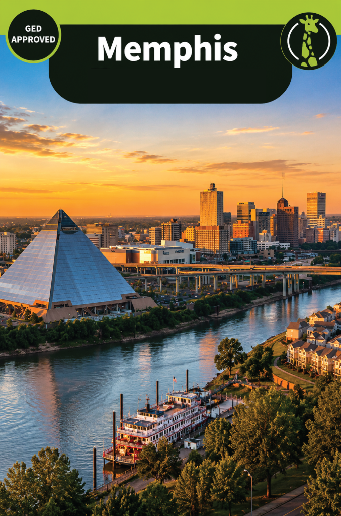 The downtown Memphis, Tennessee skyline at sunset across the Mississippi River, with the glass Memphis Pyramid and the Hernando de Soto Bridge behind a riverboat moored on the near bank.