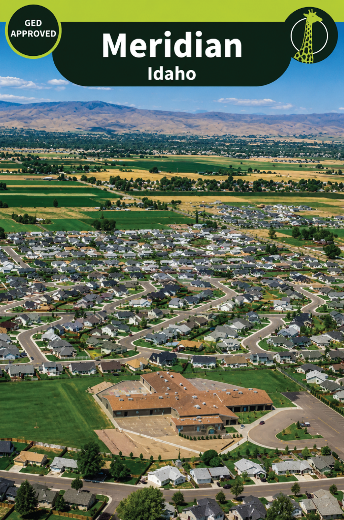 An aerial view over Meridian, Idaho: curving streets of new single-family homes give way to green farm fields, with low mountains along the horizon.