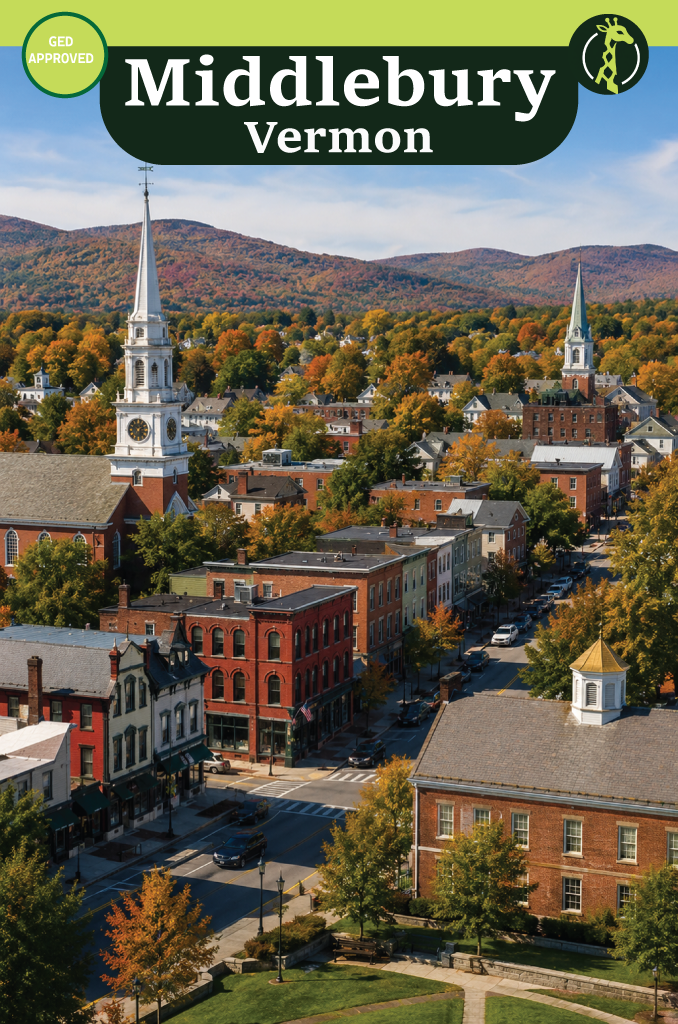 Otter Creek Falls tumbling through downtown Middlebury, Vermont, beside historic brick mills.