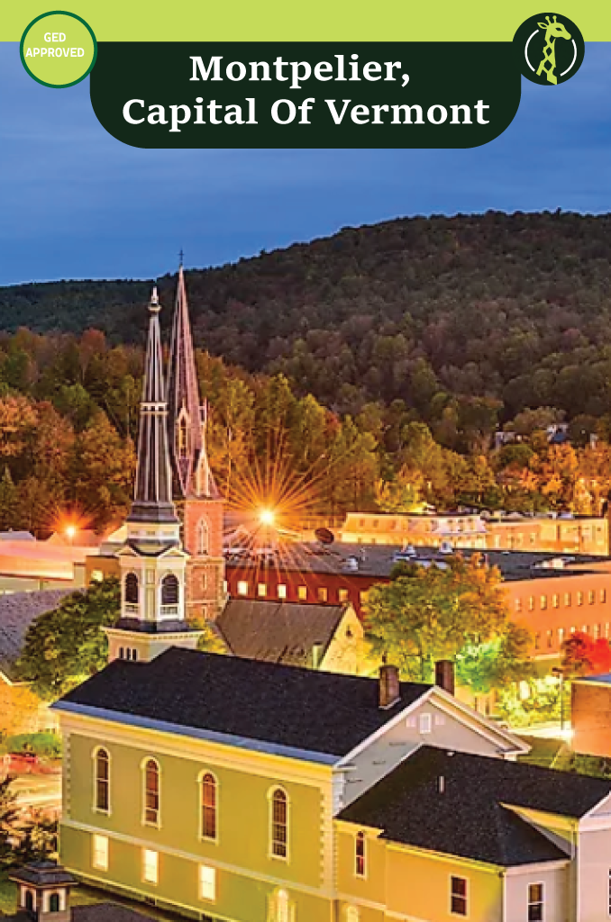 The gold-domed Vermont State House in Montpelier framed by autumn hills.