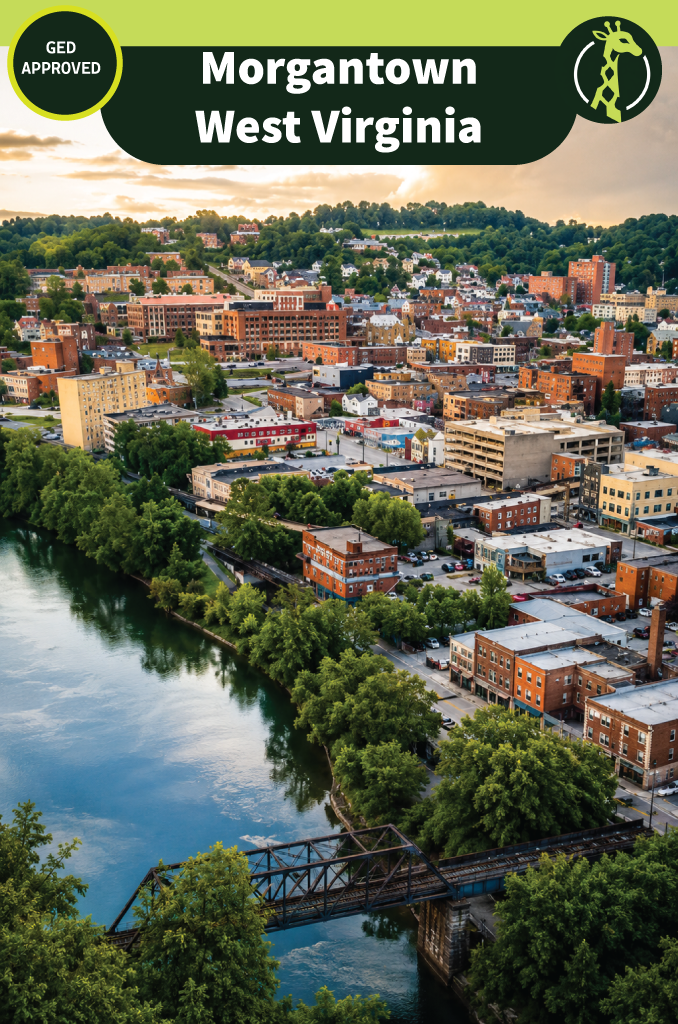 Downtown Morgantown, West Virginia from the air, with brick buildings rising up a hillside above the Monongahela River and a steel railroad bridge crossing in the foreground.