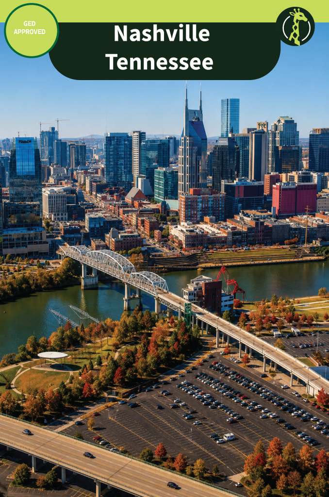 An aerial view of downtown Nashville, Tennessee in autumn, with the twin-spired AT&T tower above the skyline and a blue truss bridge crossing the Cumberland River.