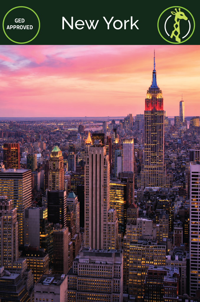 The Manhattan skyline seen across the East River at dusk.