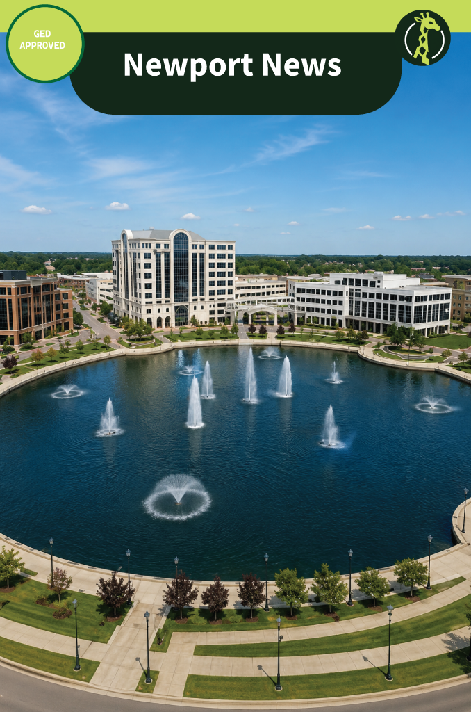 An aerial view of City Center at Oyster Point in Newport News, Virginia: a circular fountain lake ringed by a landscaped promenade, with mid-rise office buildings around it under a clear sky.