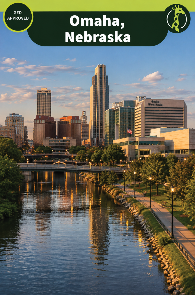 Downtown Omaha, Nebraska at golden hour: the Woodmen Tower and the Omaha World-Herald building above a tree-lined lagoon, with a footbridge crossing the water in the foreground.