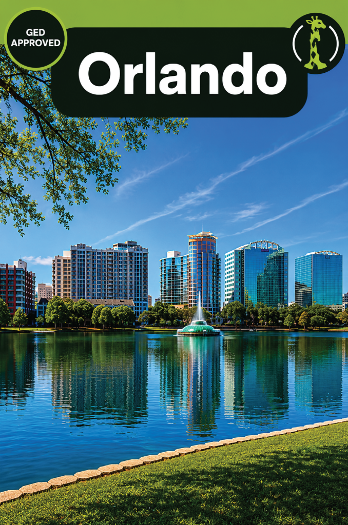 The downtown Orlando, Florida skyline reflected in Lake Eola on a clear day.