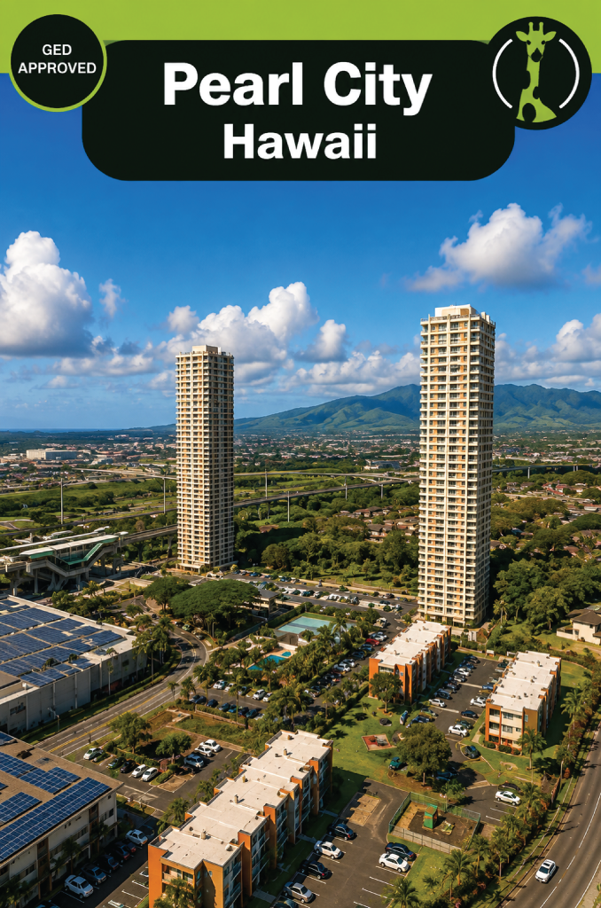 An aerial view of Pearl City, Oahu: two tall residential towers above low-rise neighborhoods, with an elevated rail line and station crossing the foreground and green mountains behind.