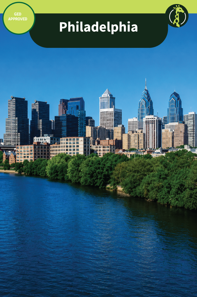 The Philadelphia skyline at dusk seen across the Schuylkill River.