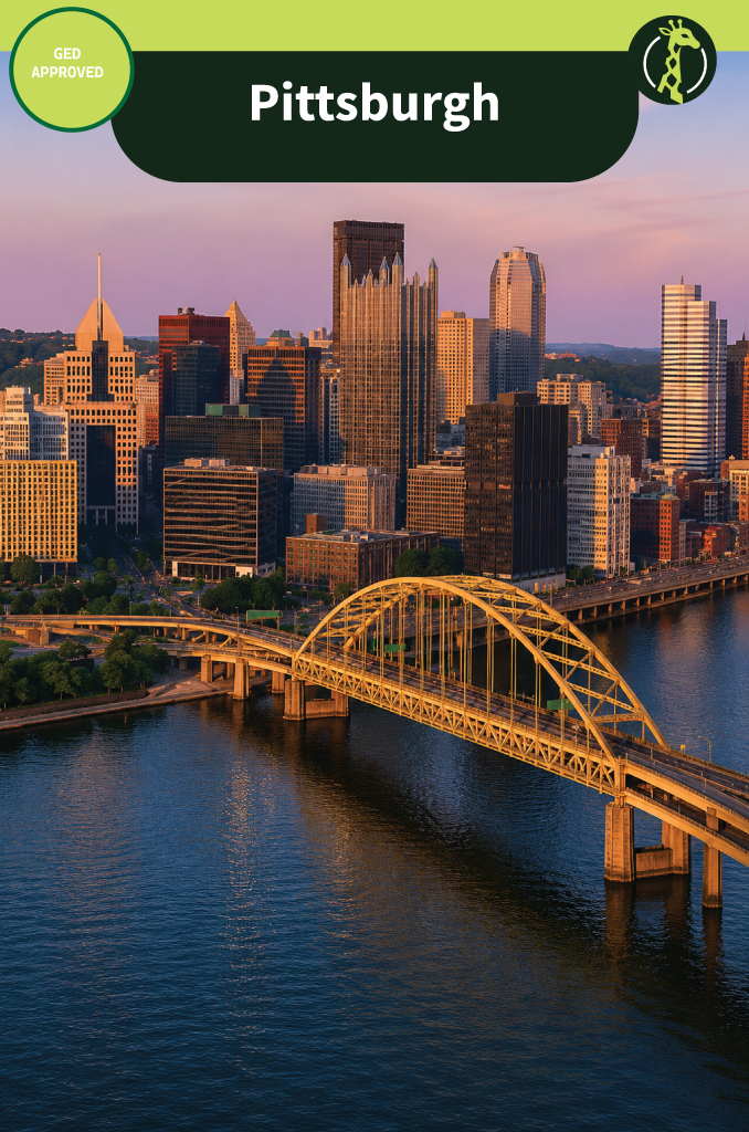 The downtown Pittsburgh skyline at sunset, with a yellow steel arch bridge crossing the river in the foreground and glass and stone towers catching the light behind it.