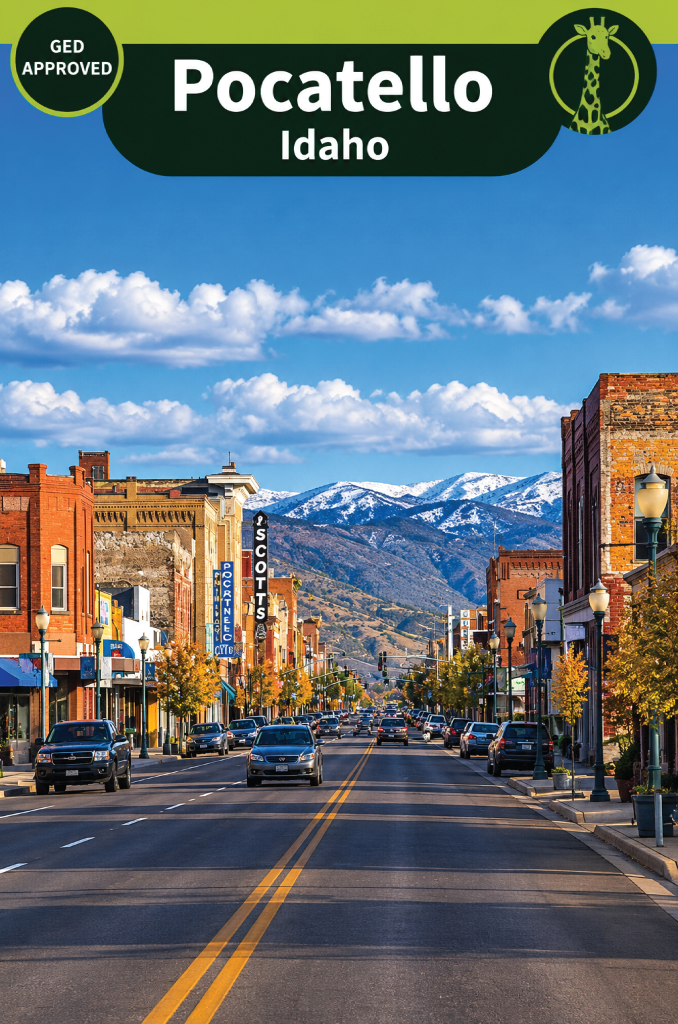 Historic brick storefronts along a main street in downtown Pocatello, Idaho, with a vertical pharmacy sign and snow-capped mountains rising at the end of the street.